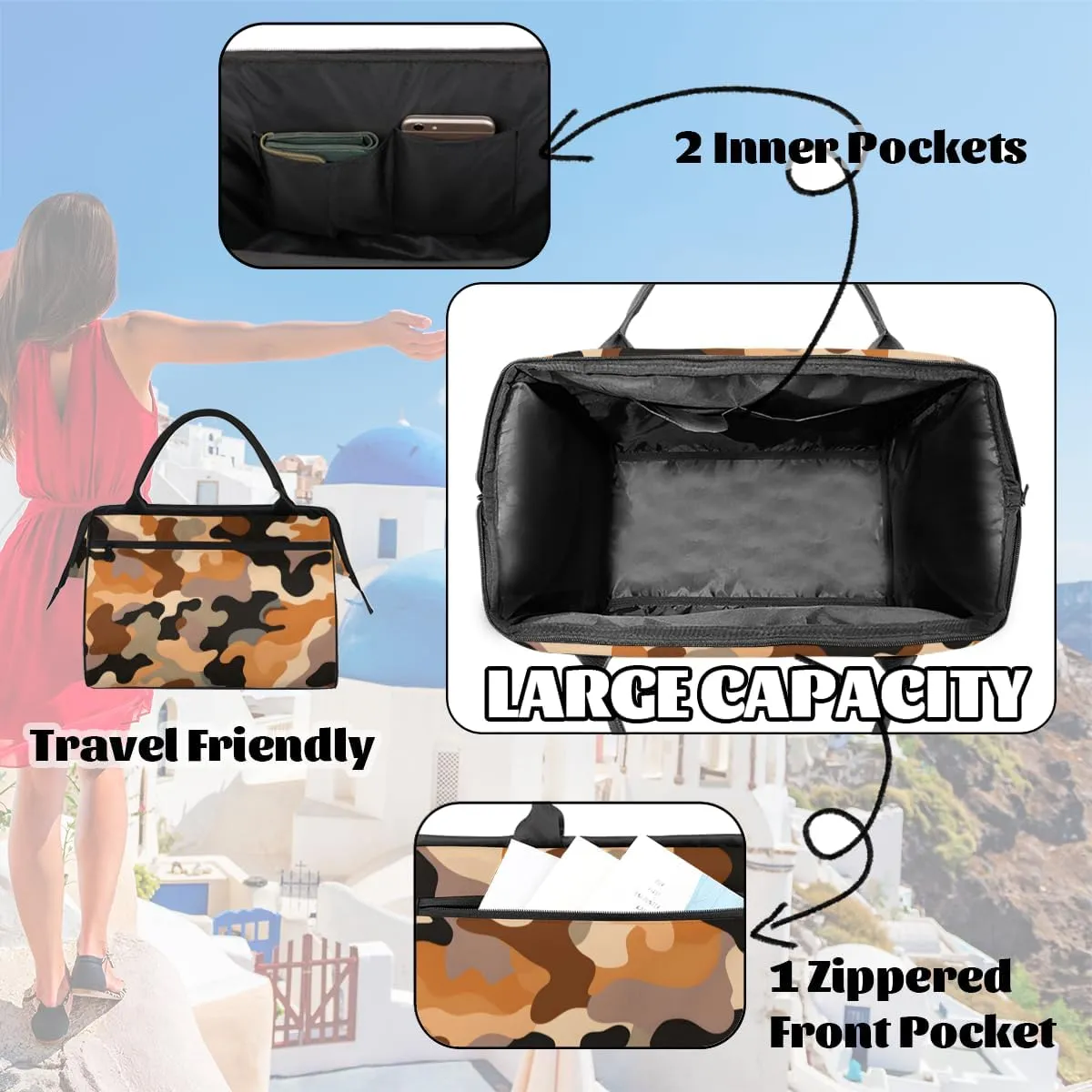 Abstract Camouflage Brown Weekender Overnight Bag for Women Waterproof Carry On Travel Duffle Bags with Pocket Lightweight Sports Gym Tote Bag Large Luggage Workout Personal Item Hospital Bags