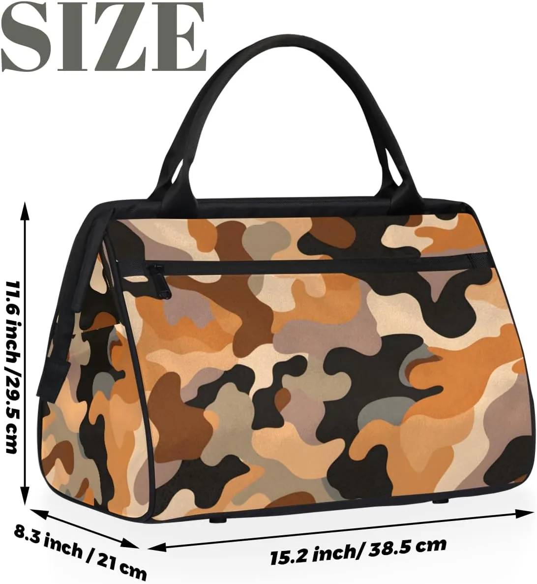Abstract Camouflage Brown Weekender Overnight Bag for Women Waterproof Carry On Travel Duffle Bags with Pocket Lightweight Sports Gym Tote Bag Large Luggage Workout Personal Item Hospital Bags
