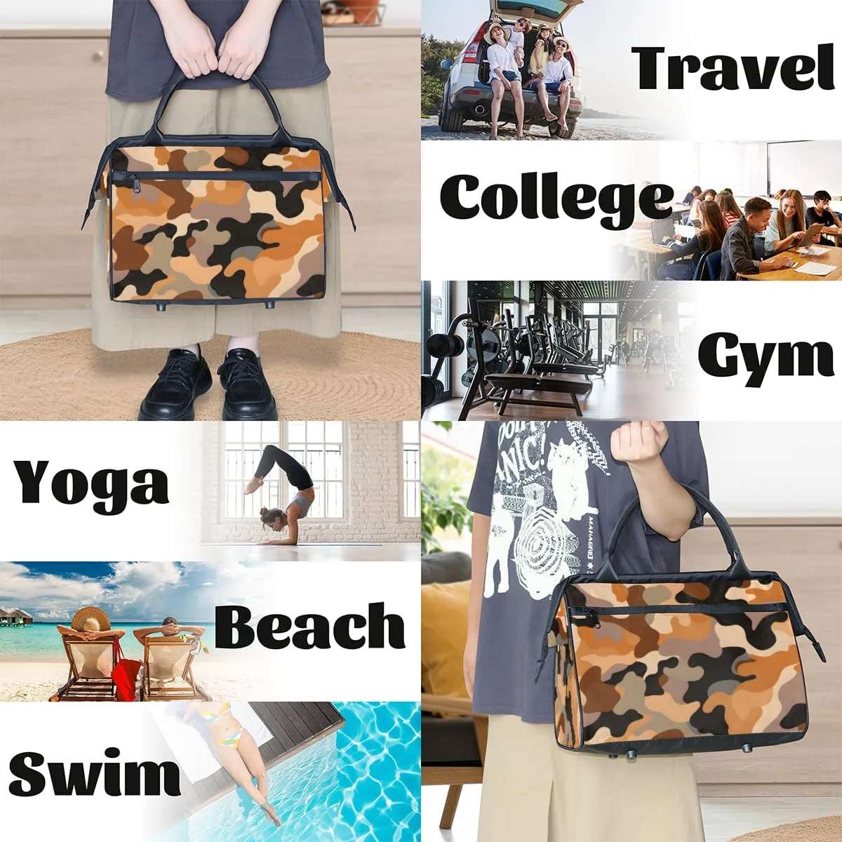 Abstract Camouflage Brown Weekender Overnight Bag for Women Waterproof Carry On Travel Duffle Bags with Pocket Lightweight Sports Gym Tote Bag Large Luggage Workout Personal Item Hospital Bags
