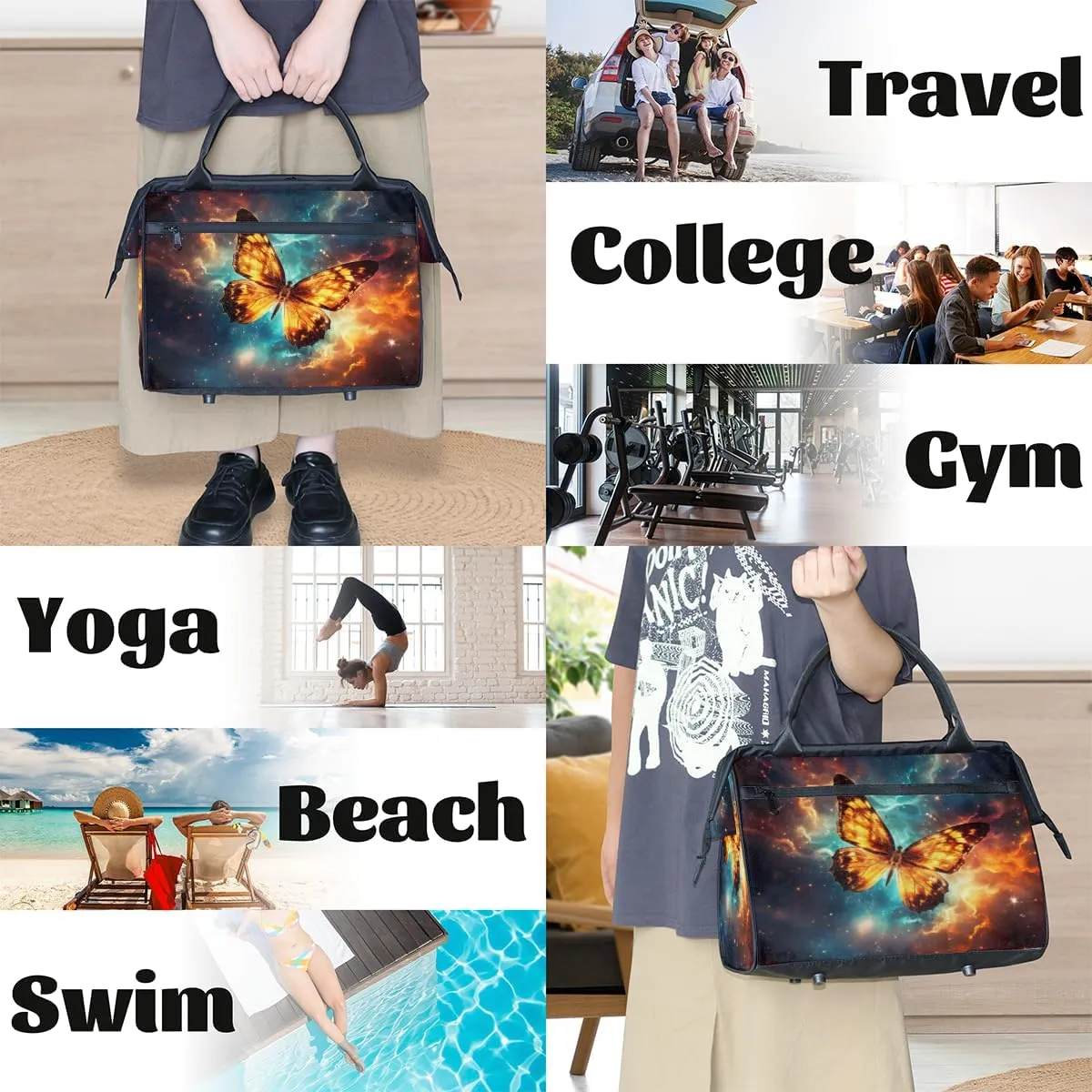 Abstract Color Animal Butterfly Weekender Overnight Bag for Women Waterproof Carry On Travel Duffle Bags with Pocket Lightweight Sports Gym Tote Bag Large Luggage Workout Personal Item Hospital Bags