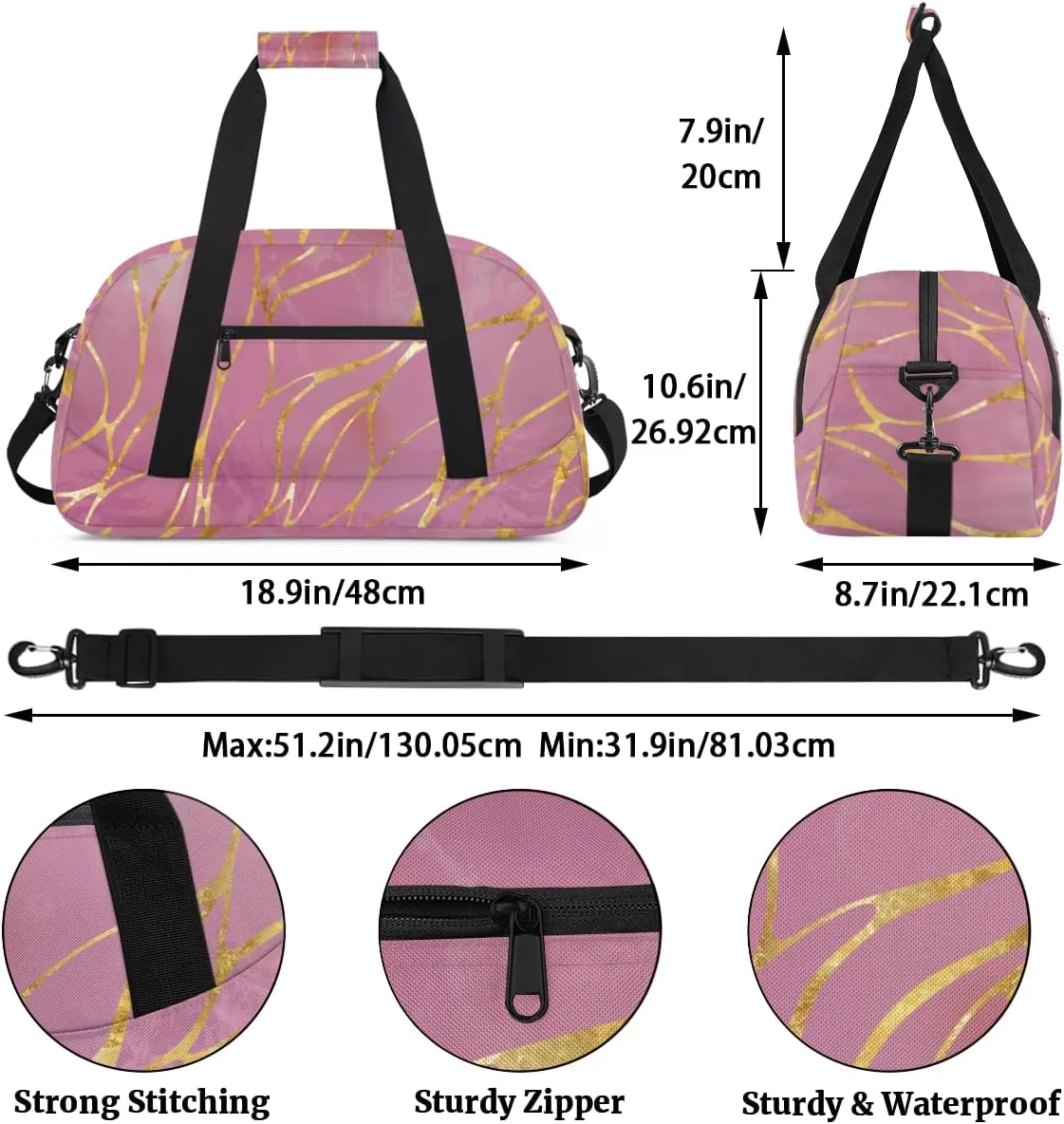 Abstract Rose Gold Marble Boys Girls Gym Bag Dance Perform Training Duffel Bags Weekender Carry-On Tote Luggage Bag Ideal for School Practice or Overnight Trips
