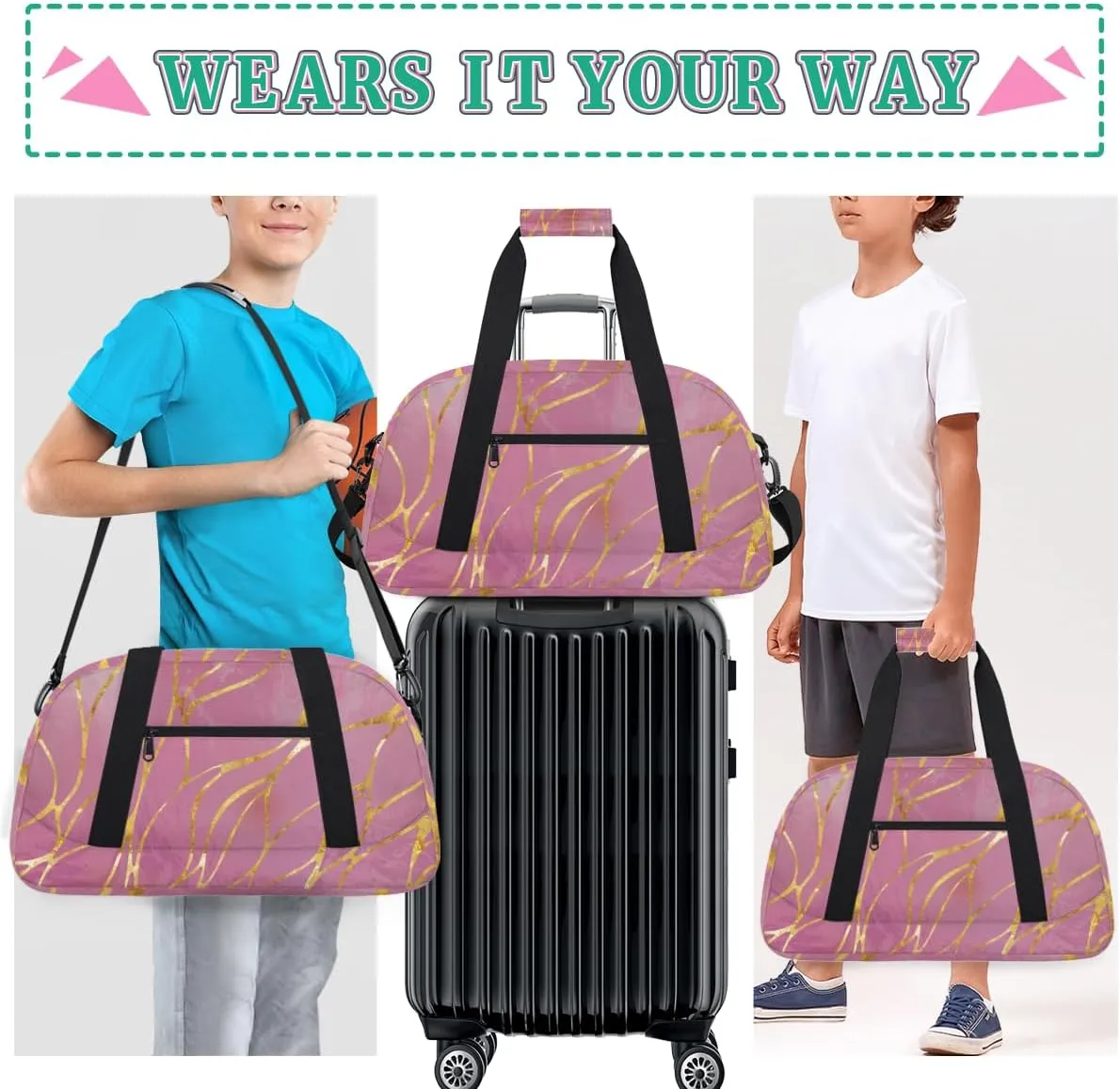 Abstract Rose Gold Marble Boys Girls Gym Bag Dance Perform Training Duffel Bags Weekender Carry-On Tote Luggage Bag Ideal for School Practice or Overnight Trips
