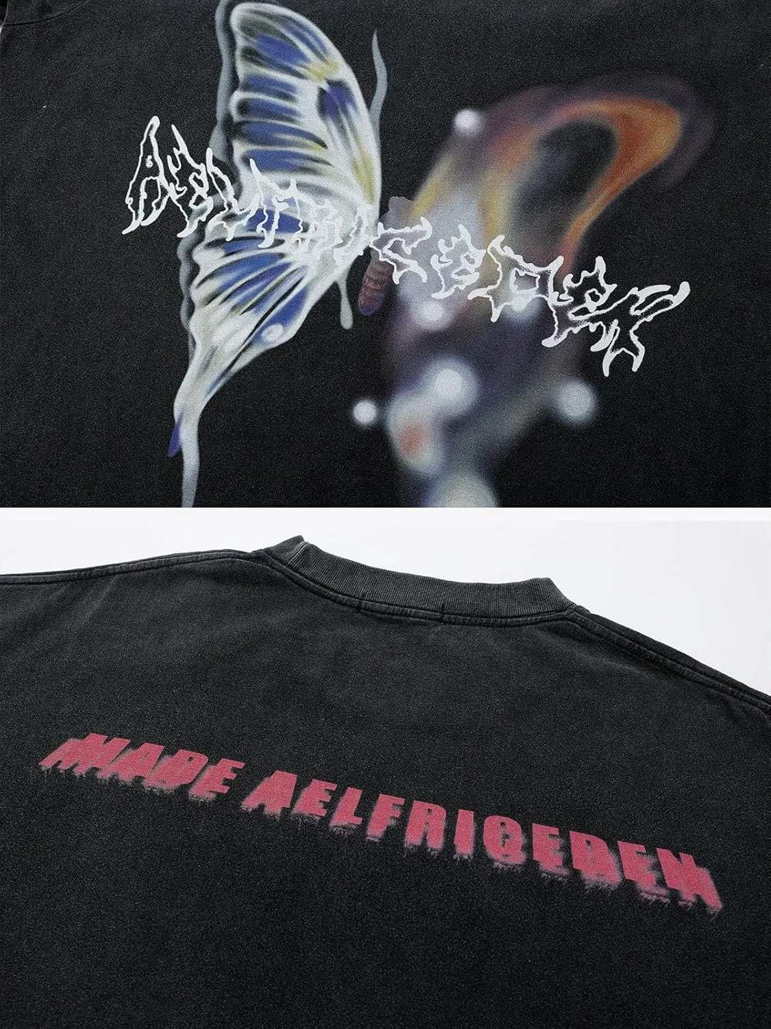 Aelfric Eden Mens Vintage Graphic Tees Y2K Irregular Butterfly Printed Tee Oversized Streetwear Casual T-Shirt