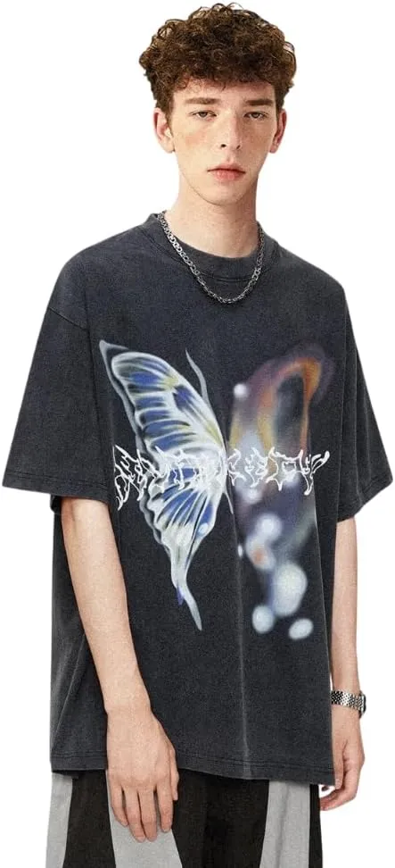 Aelfric Eden Mens Vintage Graphic Tees Y2K Irregular Butterfly Printed Tee Oversized Streetwear Casual T-Shirt