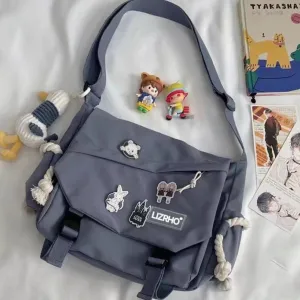 Aesthetic Crossbody Bag with Pins & Cute Accessory Kawaii Japanese Nylon Shoulder Messenger Bag for Women Men (blue)