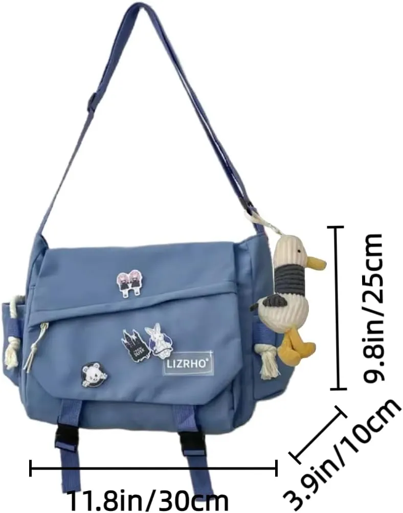 Aesthetic Crossbody Bag with Pins & Cute Accessory Kawaii Japanese Nylon Shoulder Messenger Bag for Women Men (blue)