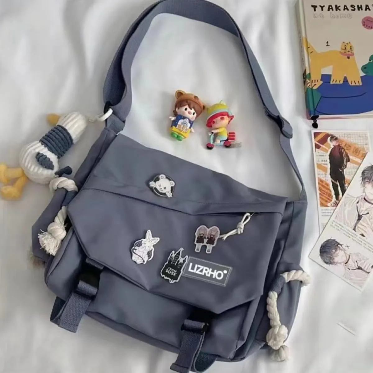 Aesthetic Crossbody Bag with Pins & Cute Accessory Kawaii Japanese Nylon Shoulder Messenger Bag for Women Men (blue)
