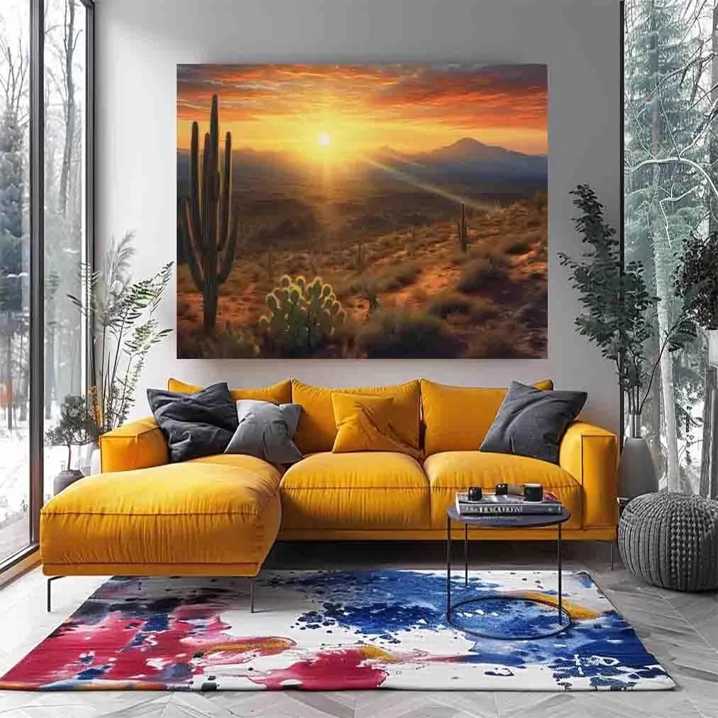 AHUANGZ Desert Sunrise on Canvas, Subdued Desert, Landscape Realistic, Realism Painting, Dramatic Sand, Cactus Sunrise, Evening Art, Nature Painting ，for living room, bedroom ，12x16inch