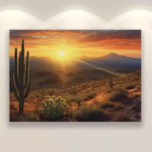 AHUANGZ Desert Sunrise on Canvas, Subdued Desert, Landscape Realistic, Realism Painting, Dramatic Sand, Cactus Sunrise, Evening Art, Nature Painting ，for living room, bedroom ，12x16inch