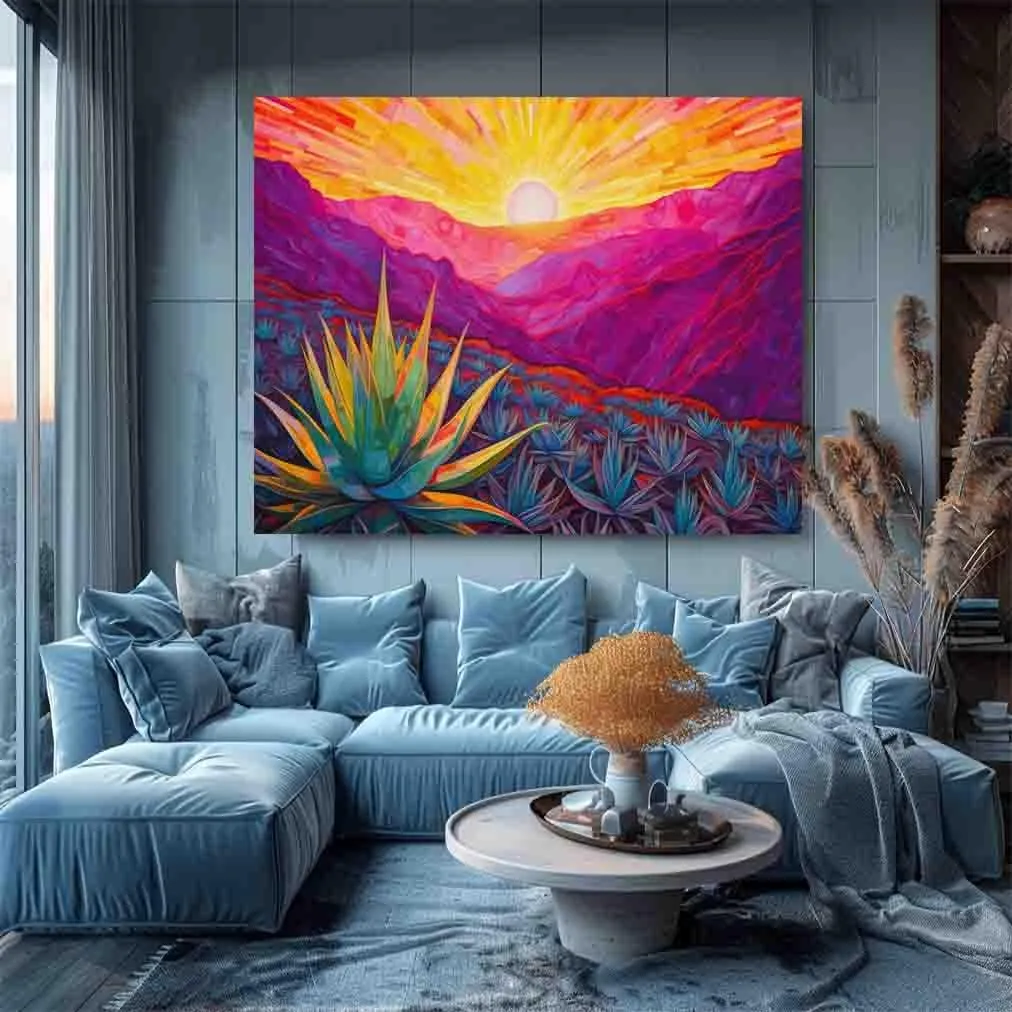 AHUANGZ Desert Sunrise on Canvas, Subdued Desert, Landscape Realistic, Realism Painting, Dramatic Sand, Cactus Sunrise, Evening Art, Nature Painting ，for living room, bedroom ，12x16inch