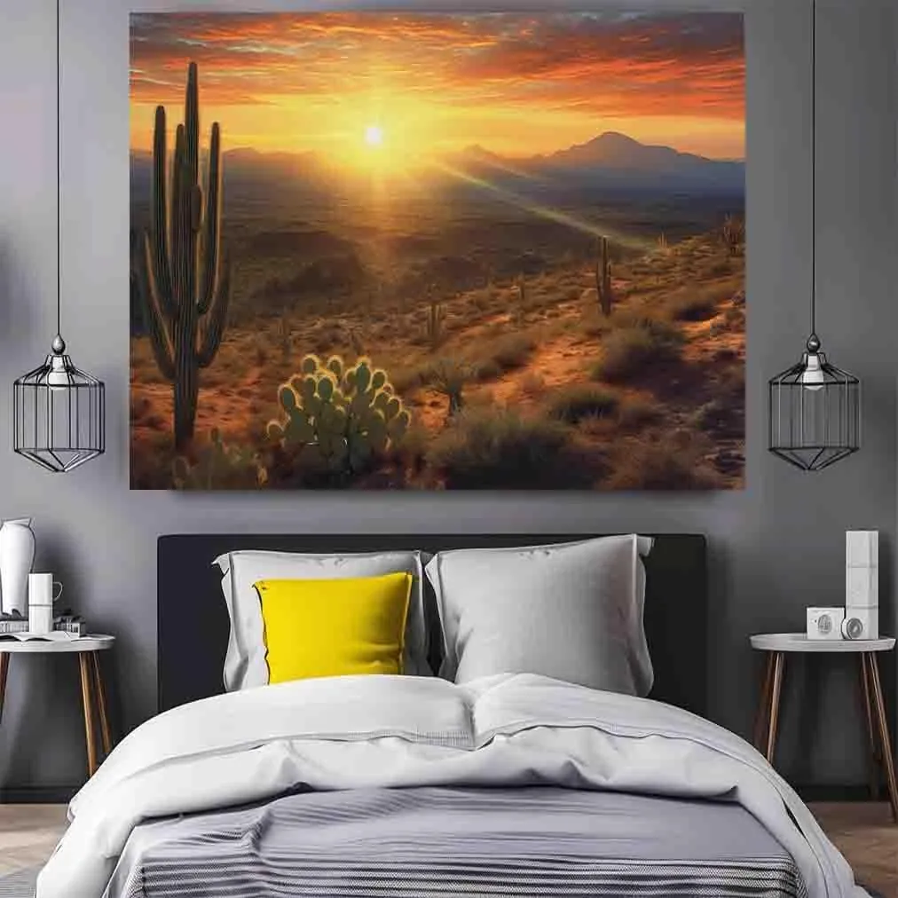 AHUANGZ Desert Sunrise on Canvas, Subdued Desert, Landscape Realistic, Realism Painting, Dramatic Sand, Cactus Sunrise, Evening Art, Nature Painting ，for living room, bedroom ，12x16inch
