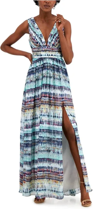 Aidan by Aidan Mattox Womens Printed V-Neck Maxi Dress Blue 6