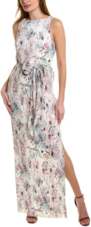 Aidan Mattox Womens Pleated Floral Evening Dress Blue 0