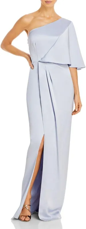 Aidan Mattox Womens Satin Zippered Pleated Draped One Shoulder Sleeves Asymmetrical Neckline Full-Length Evening Gown Dress