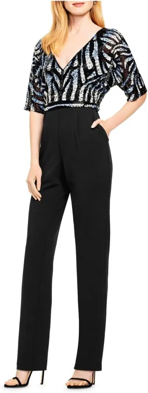 Aidan Mattox Womens Sequined Zippered Pocketed Elbow Sleeve V Neck Evening Jumpsuit