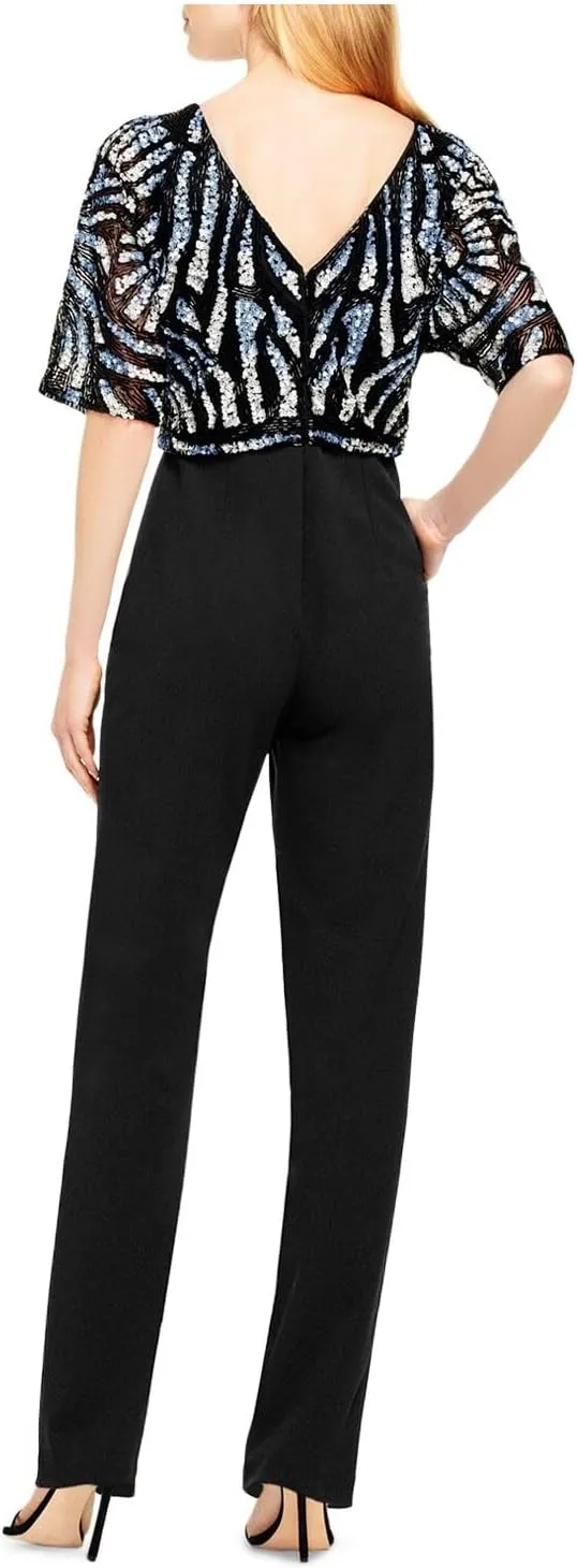 Aidan Mattox Womens Sequined Zippered Pocketed Elbow Sleeve V Neck Evening Jumpsuit