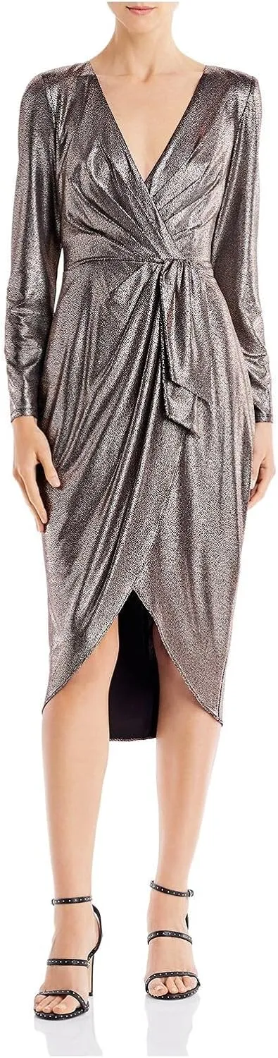 Aidan Mattox Womens Zippered Long Sleeve V Neck Above The Knee Evening Faux Wrap Dress