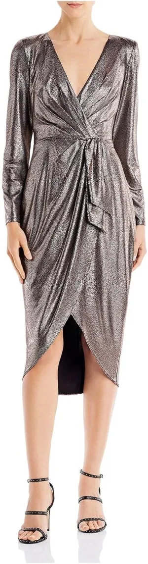Aidan Mattox Womens Zippered Long Sleeve V Neck Above The Knee Evening Faux Wrap Dress