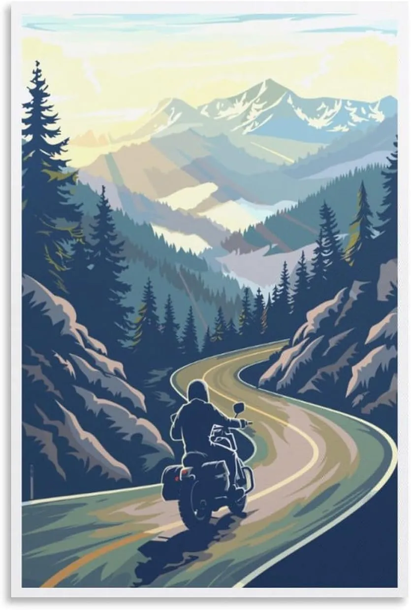 Aihgkzx Motorcycle Scenic Road Travel Poster Canvas Wall Art Print Picture Home Room Decor 24x36inch(60x90cm), Unframe-style
