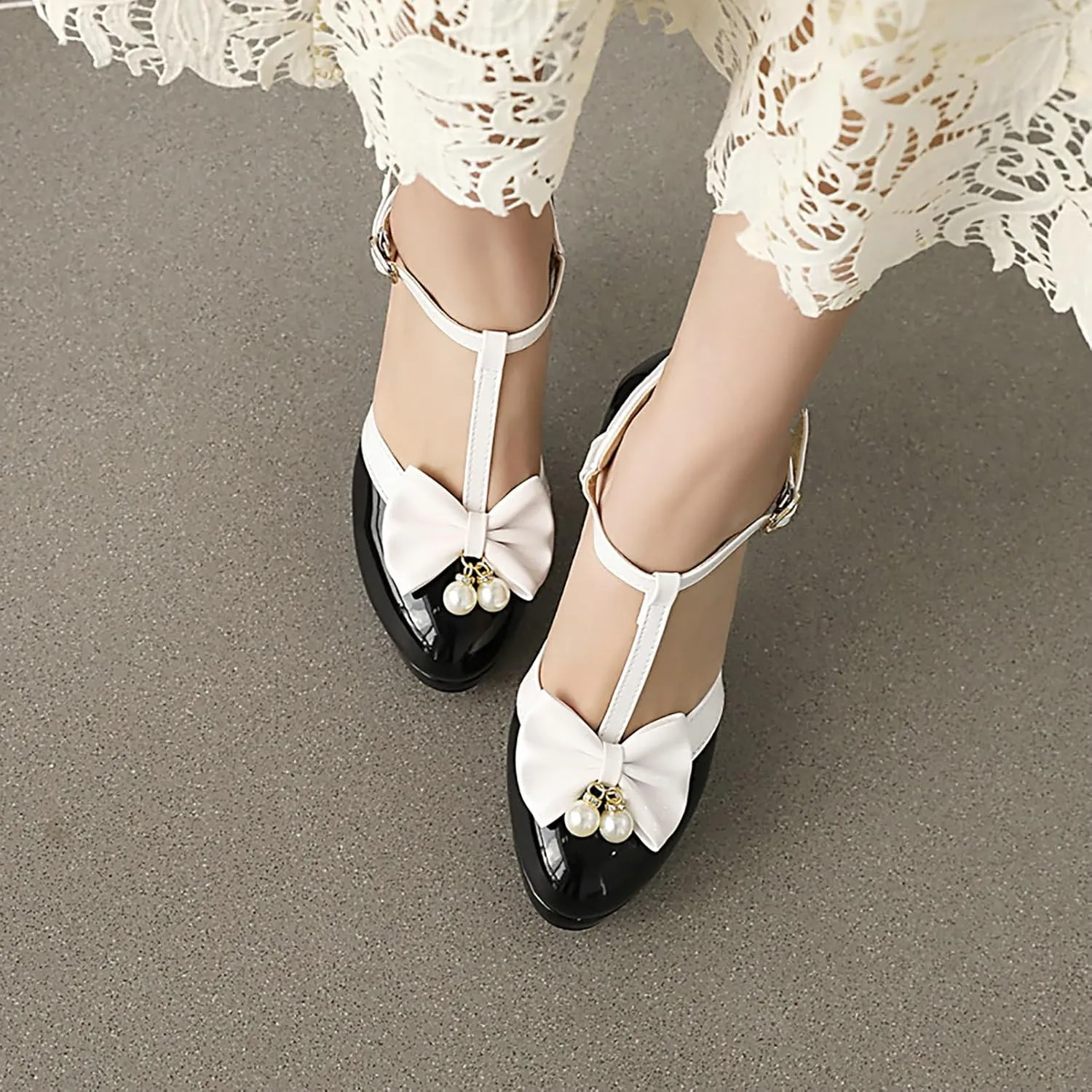 AIMODOR Womens Vintage Rockabilly T-Strap Mary Jane Shoes Heels Patent Platform Pumps with Bow