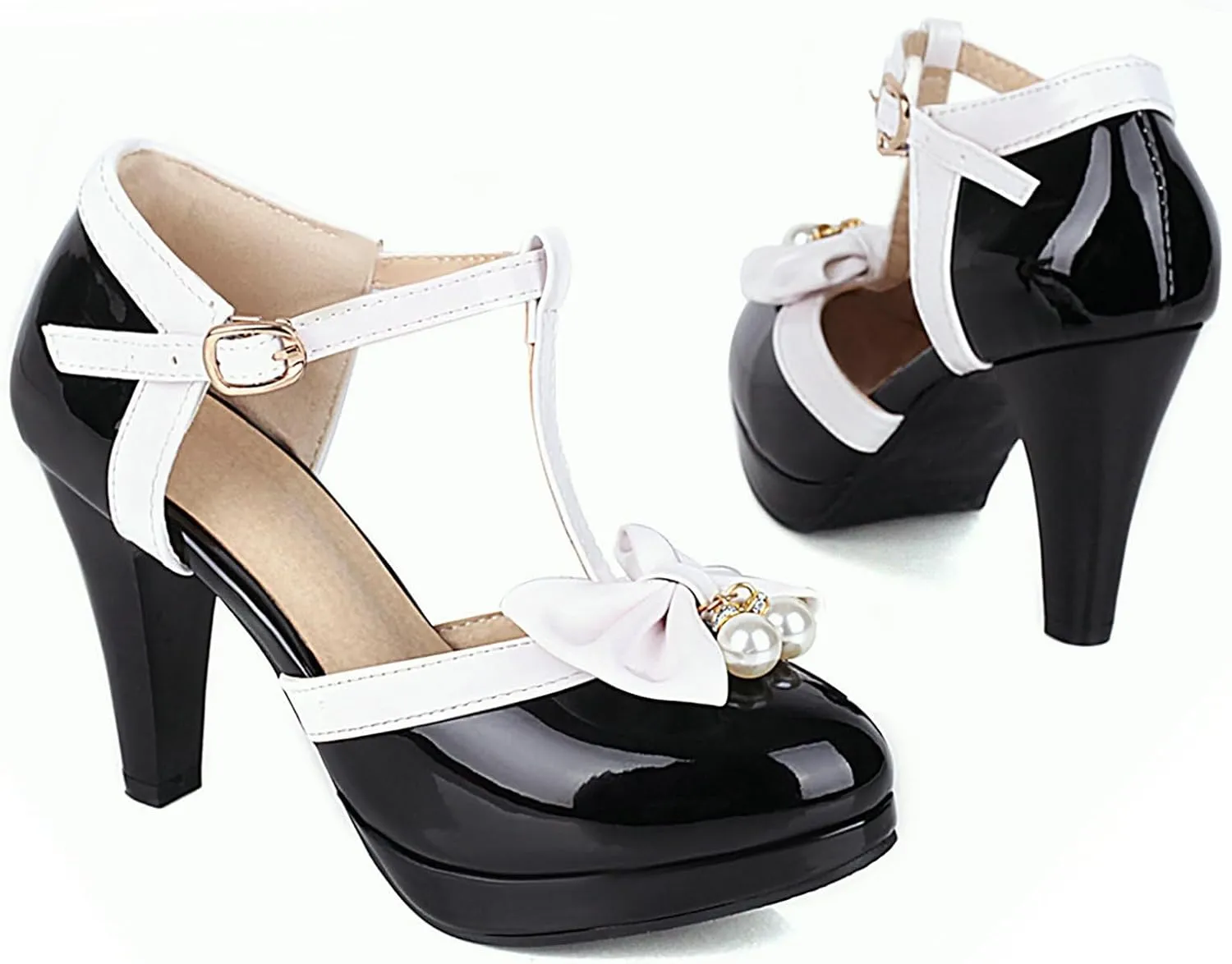 AIMODOR Womens Vintage Rockabilly T-Strap Mary Jane Shoes Heels Patent Platform Pumps with Bow