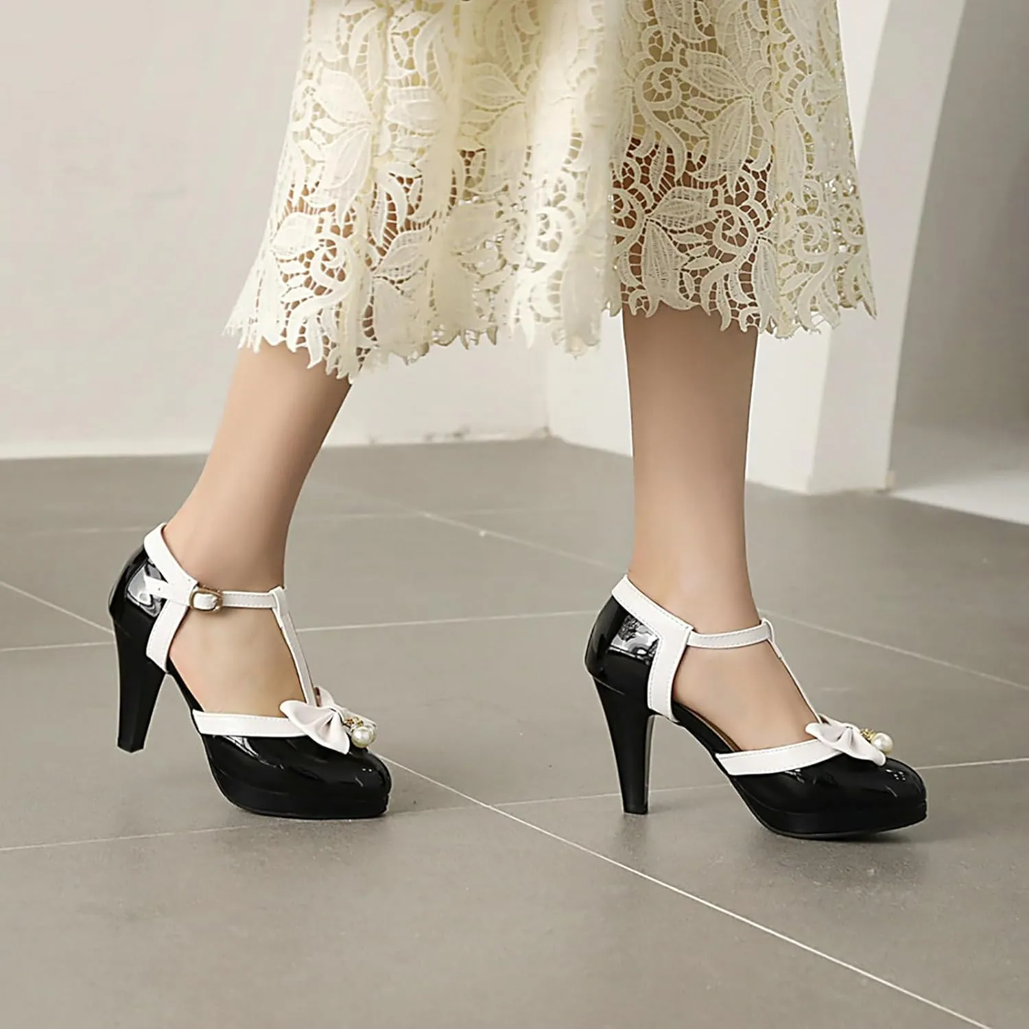AIMODOR Womens Vintage Rockabilly T-Strap Mary Jane Shoes Heels Patent Platform Pumps with Bow