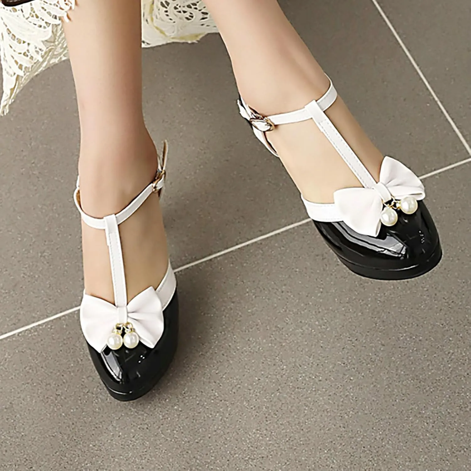 AIMODOR Womens Vintage Rockabilly T-Strap Mary Jane Shoes Heels Patent Platform Pumps with Bow