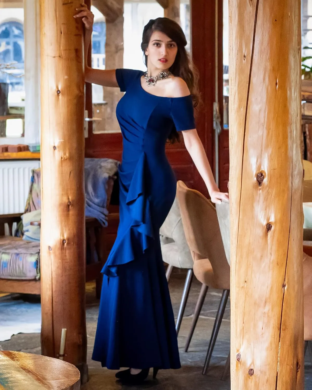 AISIZE Women's Elegant Off Shoulder Ruffle Formal Evening Long Dress