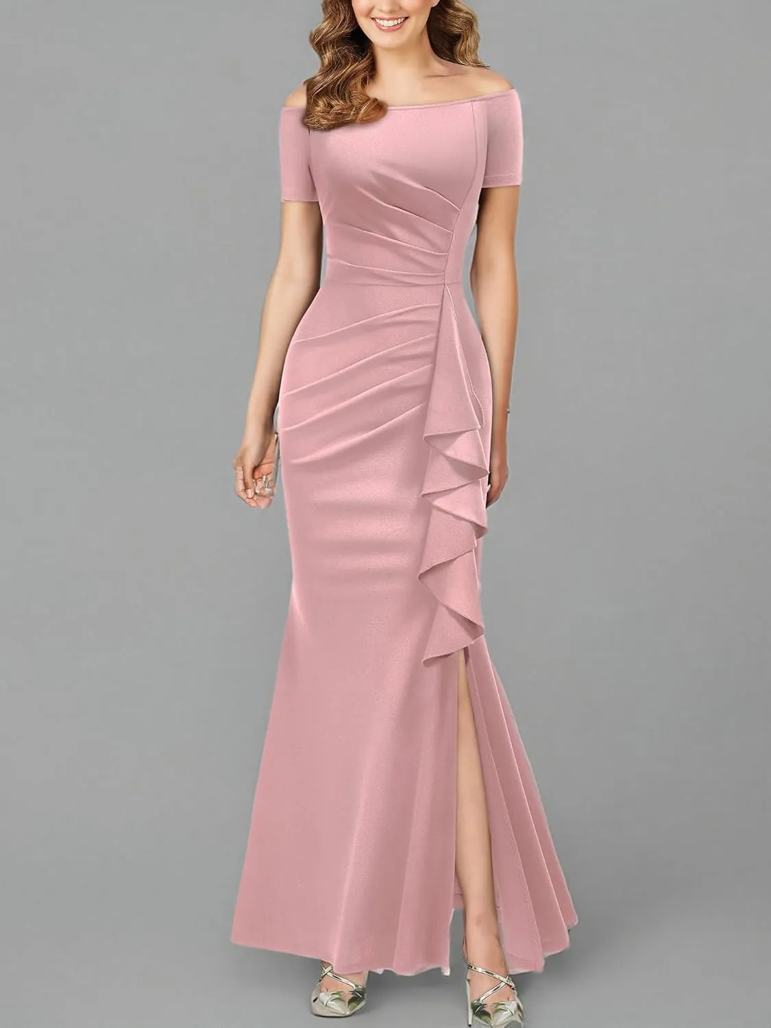 AISIZE Women's Elegant Off Shoulder Ruffle Formal Evening Long Dress