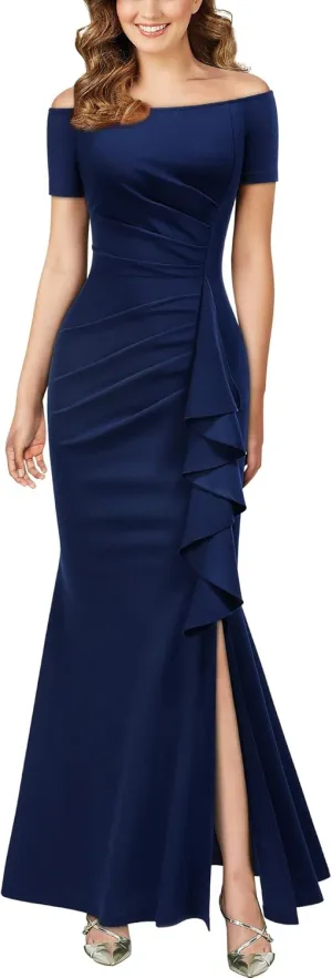 AISIZE Women's Elegant Off Shoulder Ruffle Formal Evening Long Dress