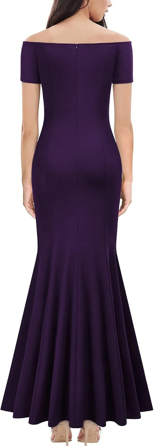 AISIZE Women's Elegant Off Shoulder Ruffle Formal Evening Long Dress