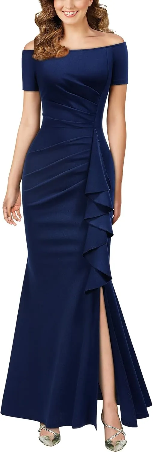 AISIZE Women's Elegant Off Shoulder Ruffle Formal Evening Long Dress