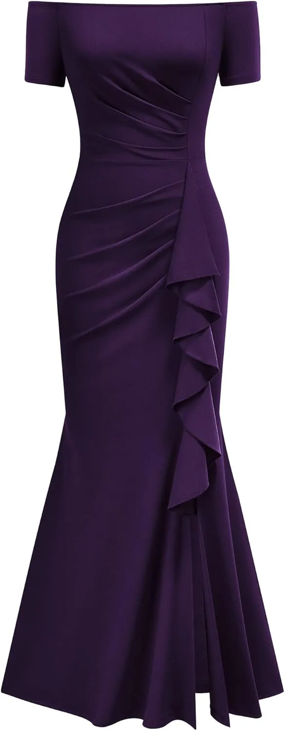 AISIZE Women's Elegant Off Shoulder Ruffle Formal Evening Long Dress
