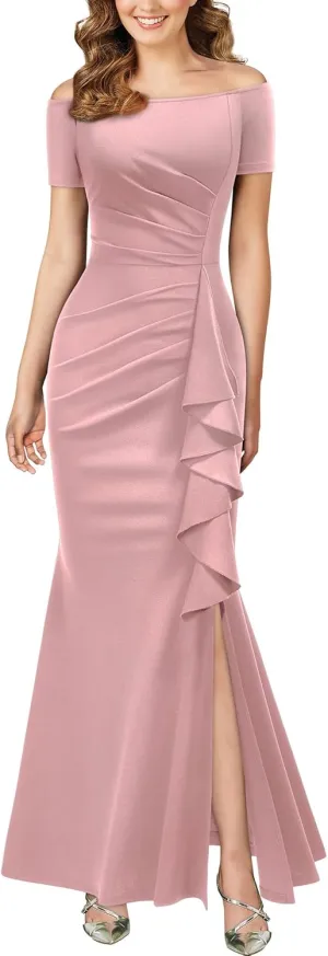 AISIZE Women's Elegant Off Shoulder Ruffle Formal Evening Long Dress