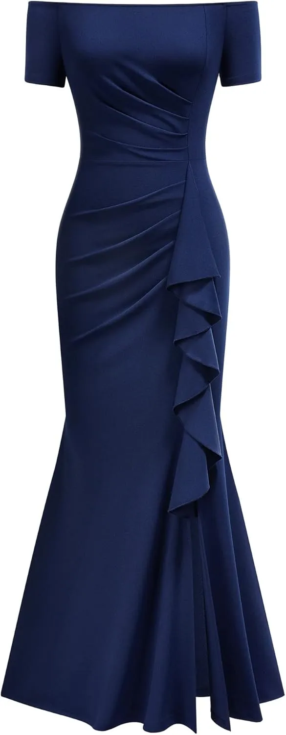 AISIZE Women's Elegant Off Shoulder Ruffle Formal Evening Long Dress