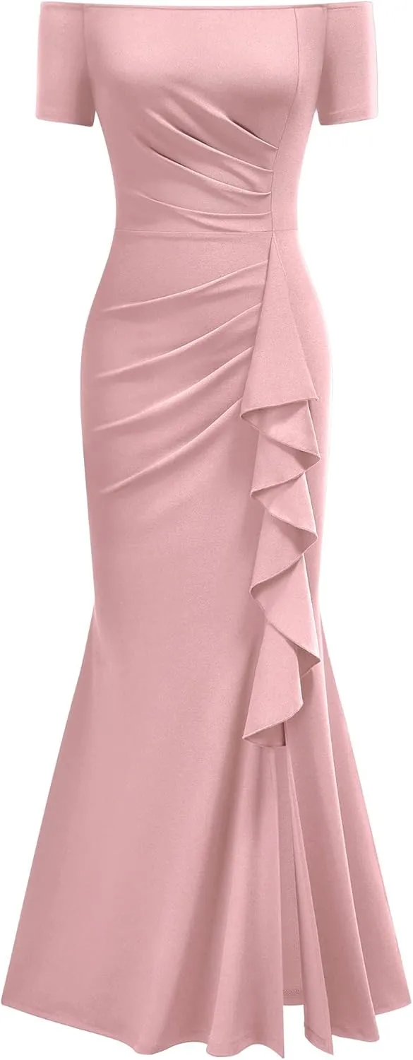 AISIZE Women's Elegant Off Shoulder Ruffle Formal Evening Long Dress
