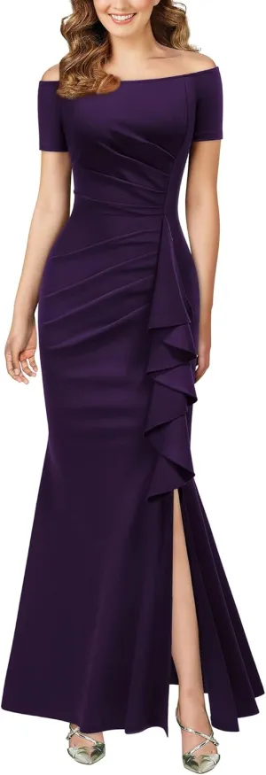 AISIZE Women's Elegant Off Shoulder Ruffle Formal Evening Long Dress