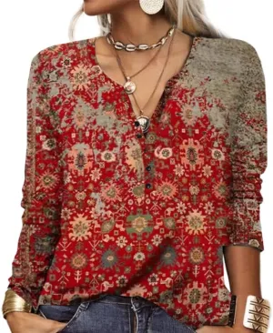 Akivide Womens Boho Floral Print Long Sleeve V Neck Button Front Casual Blouse Vintage Ethnic Shirt Tunic Tops