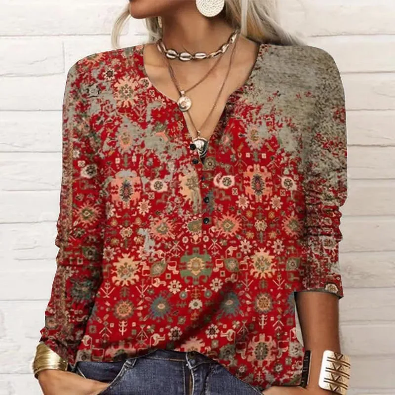 Akivide Womens Boho Floral Print Long Sleeve V Neck Button Front Casual Blouse Vintage Ethnic Shirt Tunic Tops
