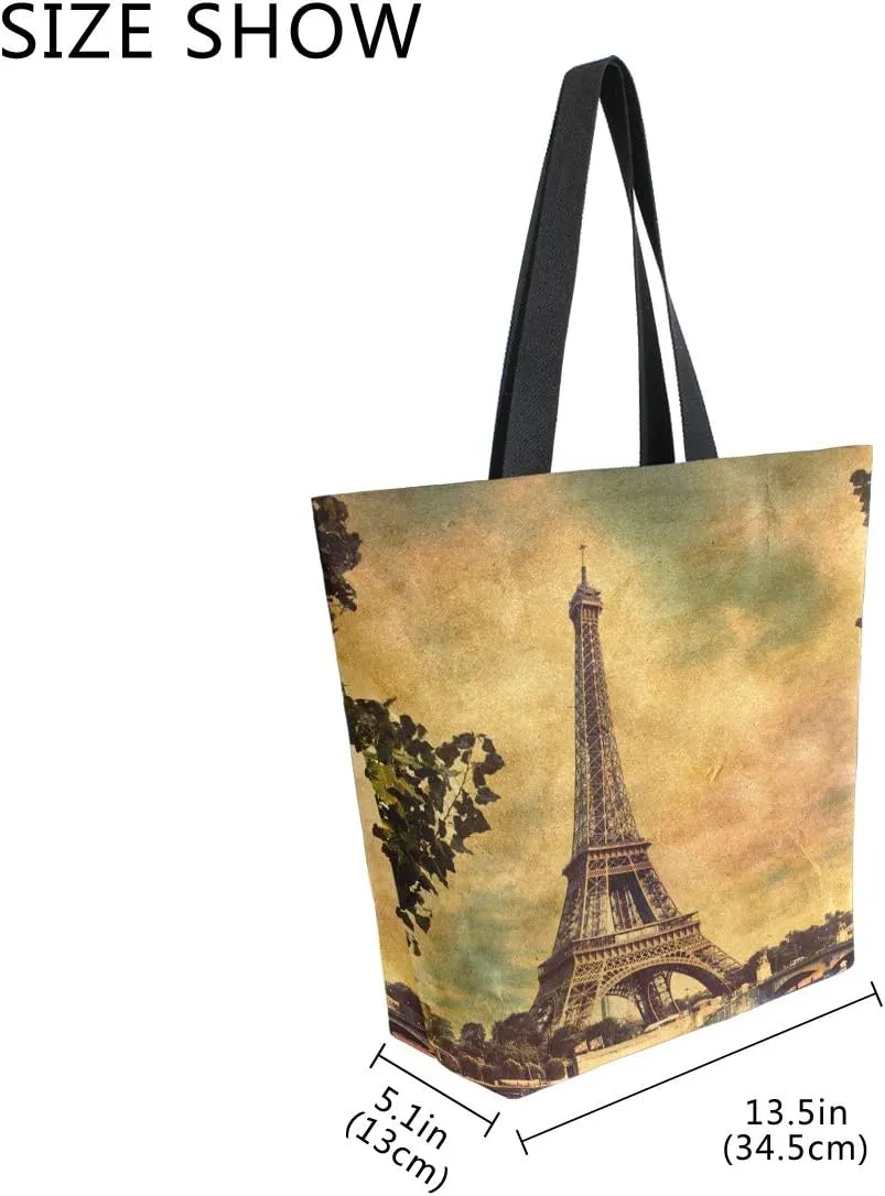 ALAZA Eiffel Tower Sunset Boat River Canvas Tote Bag, Washable Grocery Tote Bag Shopping Bag for Women Girls