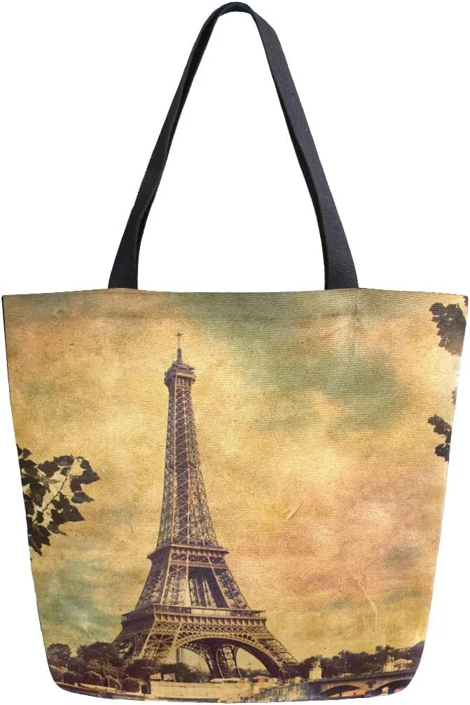 ALAZA Eiffel Tower Sunset Boat River Canvas Tote Bag, Washable Grocery Tote Bag Shopping Bag for Women Girls