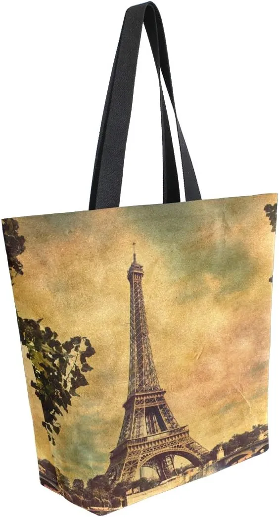 ALAZA Eiffel Tower Sunset Boat River Canvas Tote Bag, Washable Grocery Tote Bag Shopping Bag for Women Girls