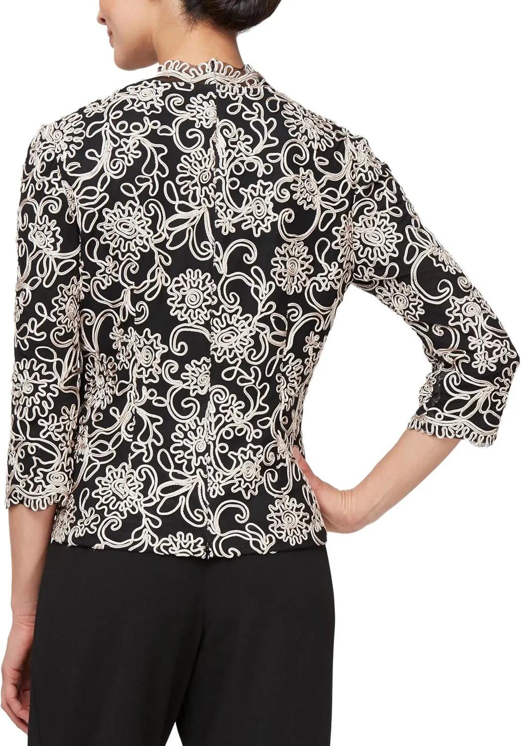 Alex Evenings Women's Stretch Embroidered Formal Event Blouse with Center Front Scallop Detail and Illusion Sleeves