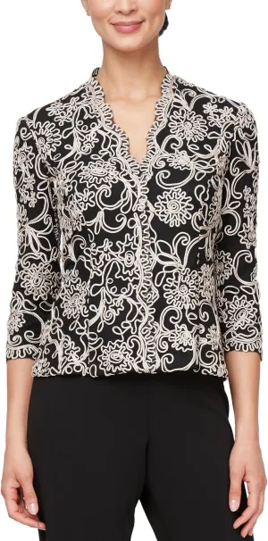 Alex Evenings Women's Stretch Embroidered Formal Event Blouse with Center Front Scallop Detail and Illusion Sleeves