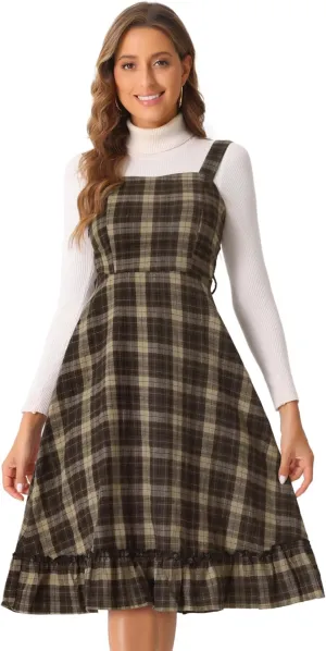 Allegra K Plaid Dress for Women Ruffled Sleeveless Vintage Tie Waist A-Line Pinafore Overall Dresses