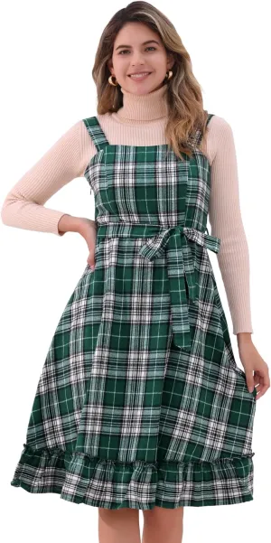 Allegra K Plaid Dress for Women Ruffled Sleeveless Vintage Tie Waist A-Line Pinafore Overall Dresses