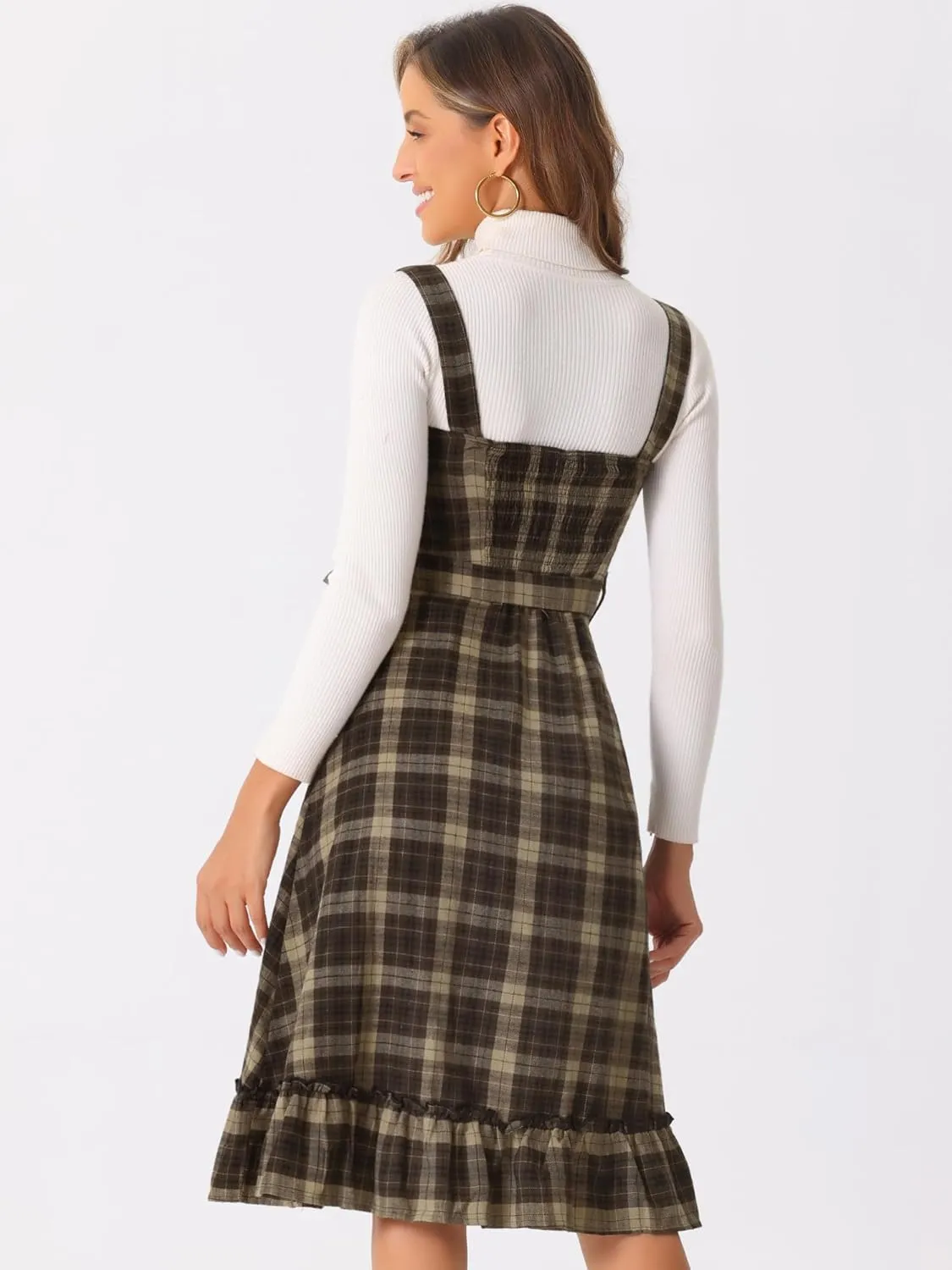 Allegra K Plaid Dress for Women Ruffled Sleeveless Vintage Tie Waist A-Line Pinafore Overall Dresses