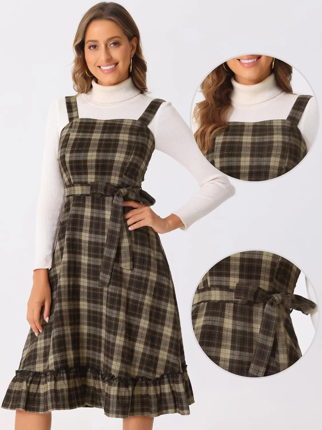 Allegra K Plaid Dress for Women Ruffled Sleeveless Vintage Tie Waist A-Line Pinafore Overall Dresses