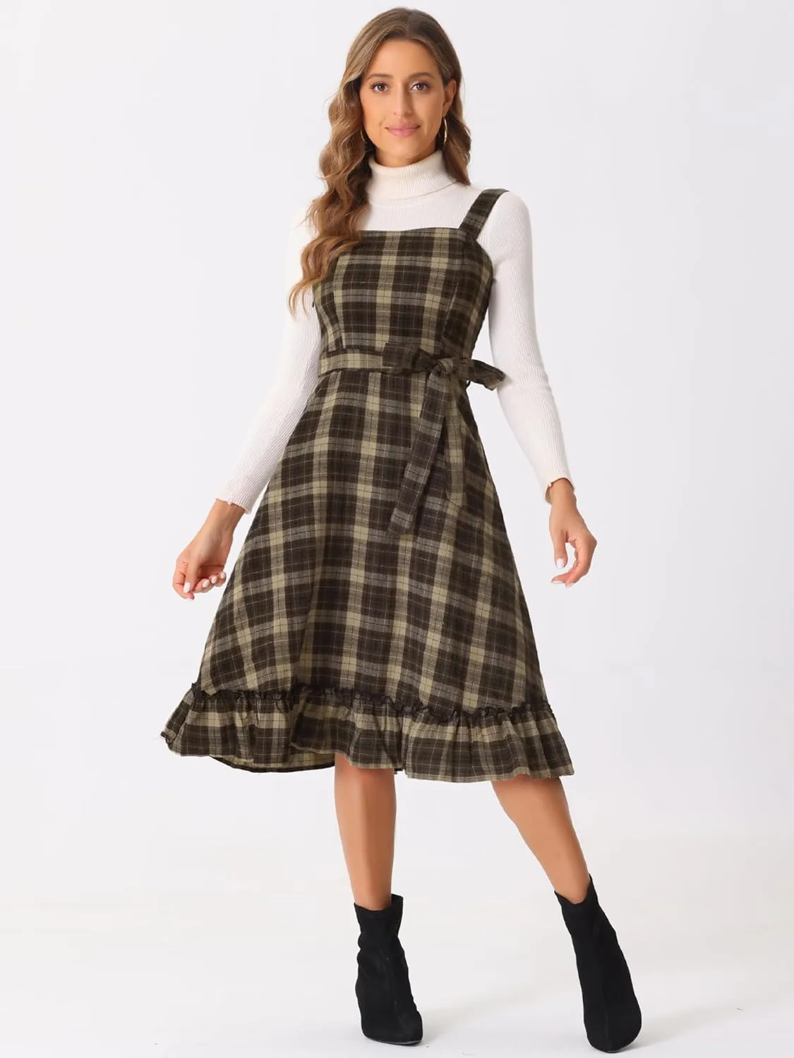 Allegra K Plaid Dress for Women Ruffled Sleeveless Vintage Tie Waist A-Line Pinafore Overall Dresses