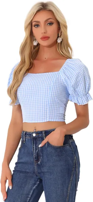 Allegra K Smocked Crop Top for Women's Bubble Sleeve Peasant Gingham Plaid Tops